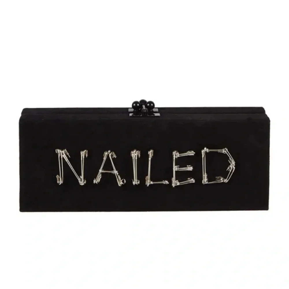 EDIE PARKER Nailed Acrylic Black Suede Clutch Bag